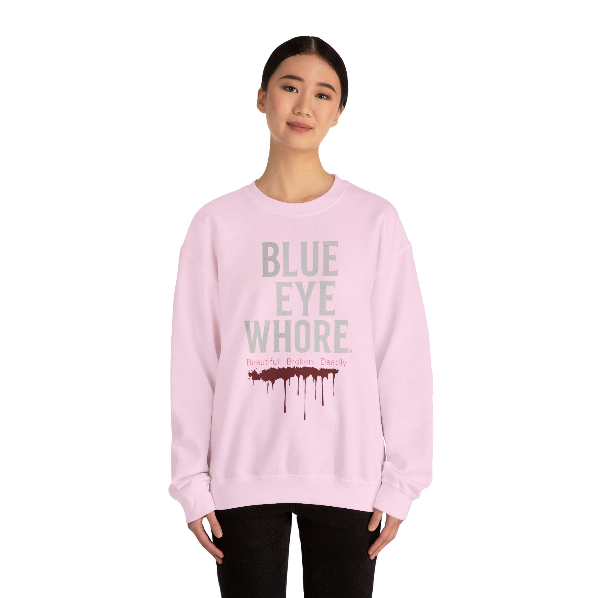 Crewneck Sweatshirt — "Blue Eye Whore" Graphic with Dripping Blood Design