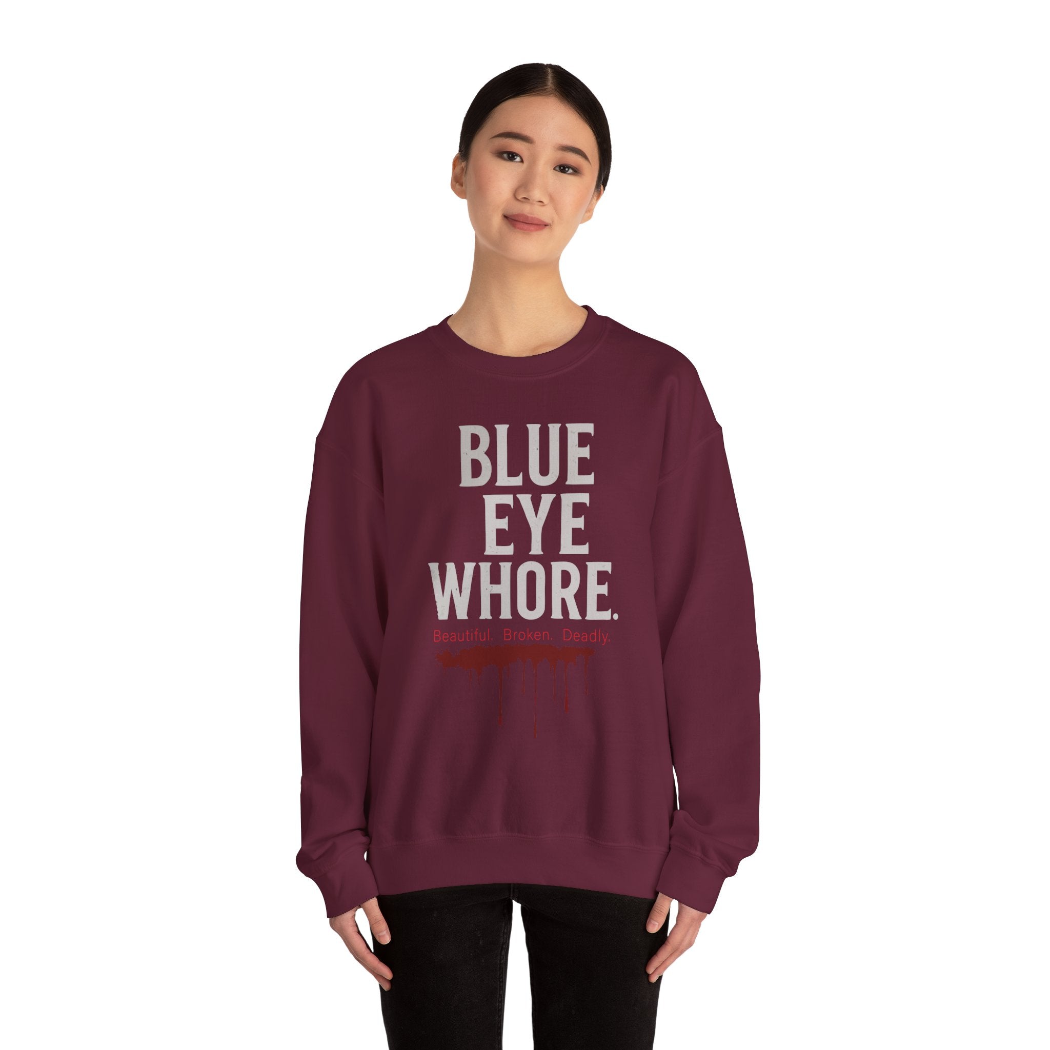 Crewneck Sweatshirt — "Blue Eye Whore" Graphic with Dripping Blood Design